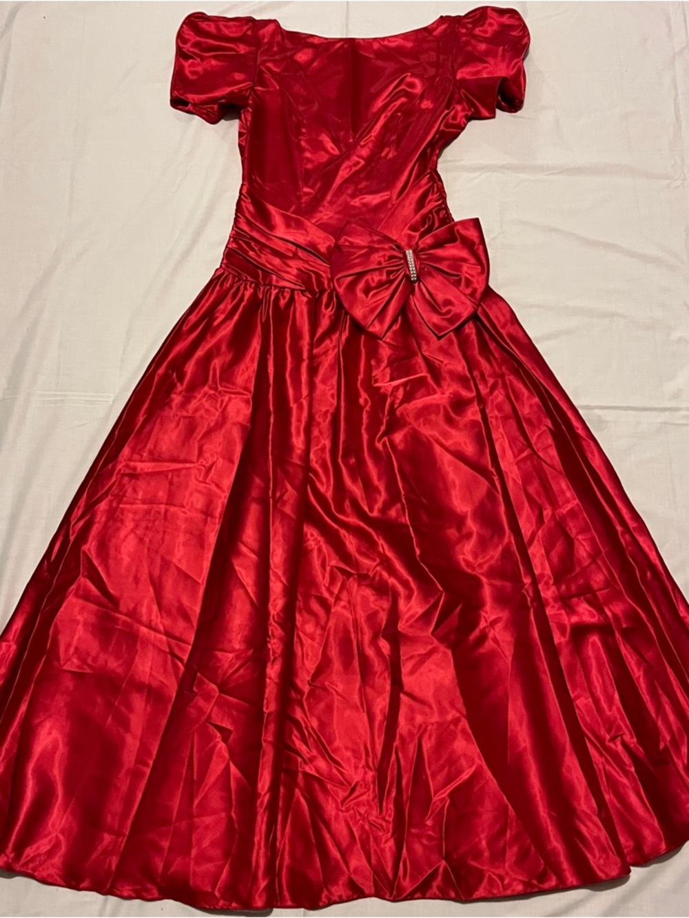 Vintage 80s Bridal Originals Red Satin Maxi Gown Prom Dress Puff Sleeve Side Bow